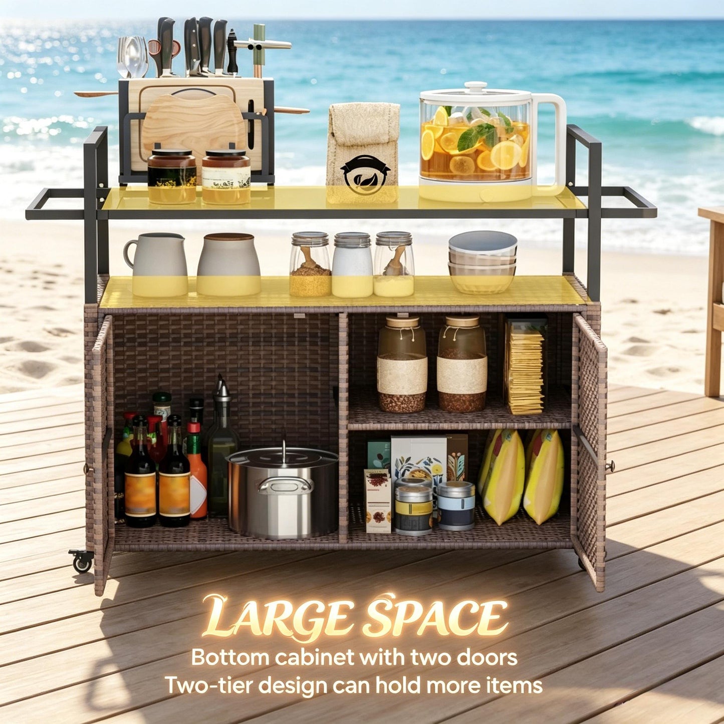 Rattan Storage Cart, Portable Outdoor Serving Cart, Garden Storage Organizer