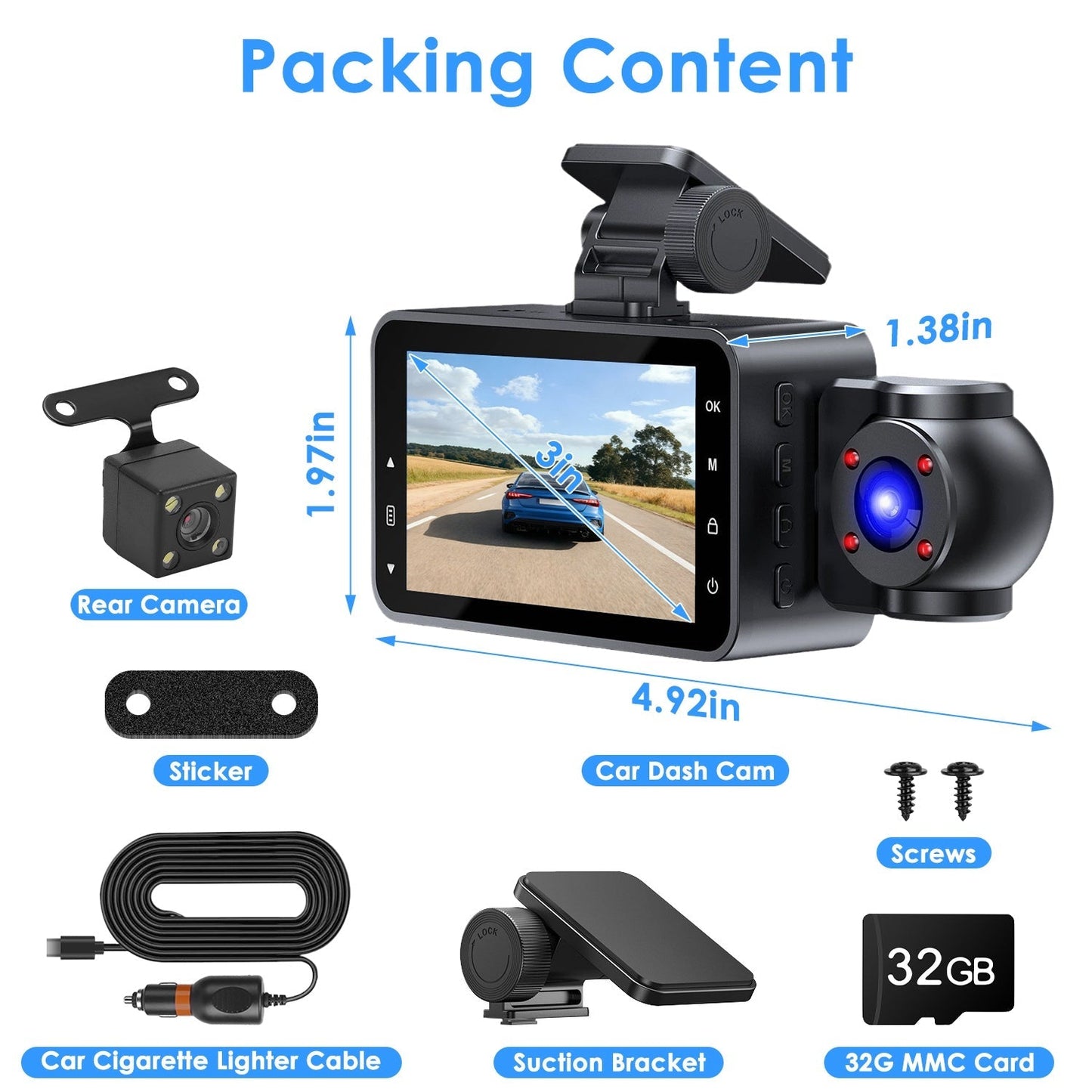 WiFi 1080P 3-Channel Dash Cam with Night Vision & 32GB Card