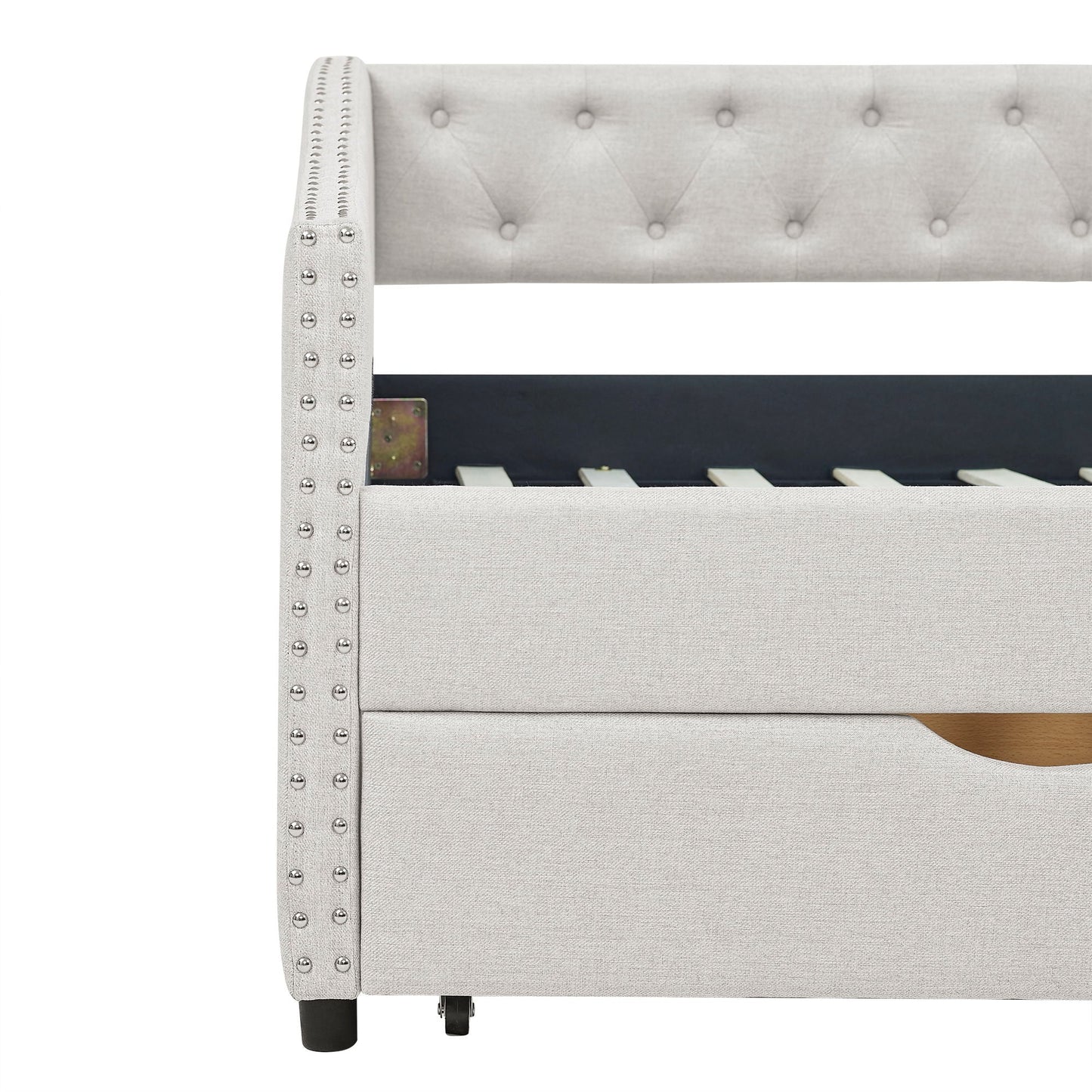 Upholstered Tufted Daybed With 2 Drawers, Waved Arms