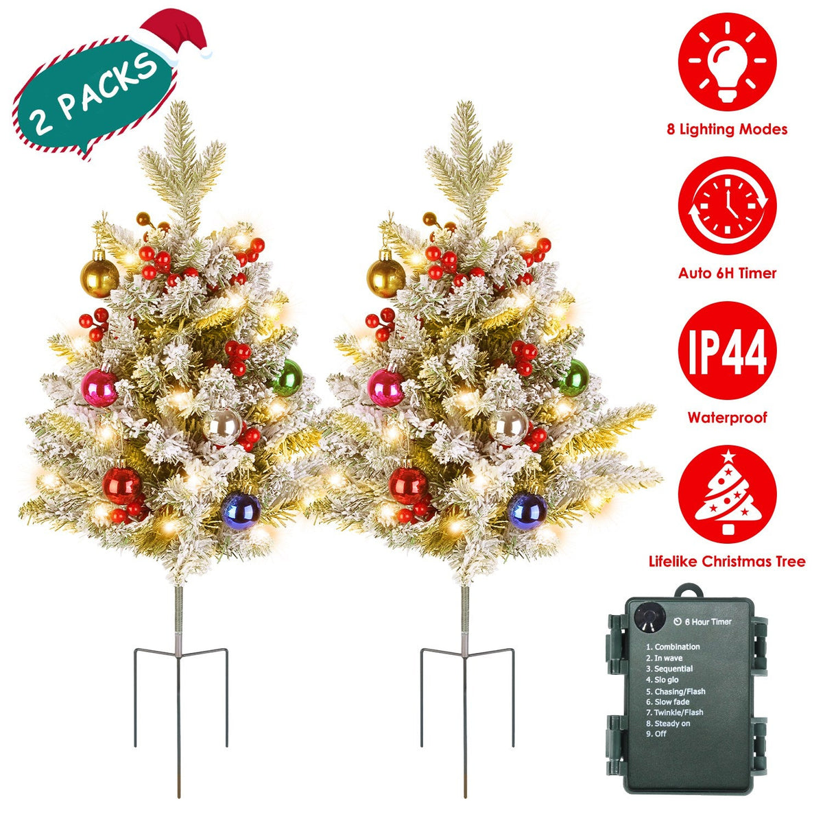 2Pcs Battery Powered Lighted Christmas Tree Urn Filler With Light Artificial Xmas Trees Light with Berries Balls LED Pathway Pine Tree IP44 Waterproof