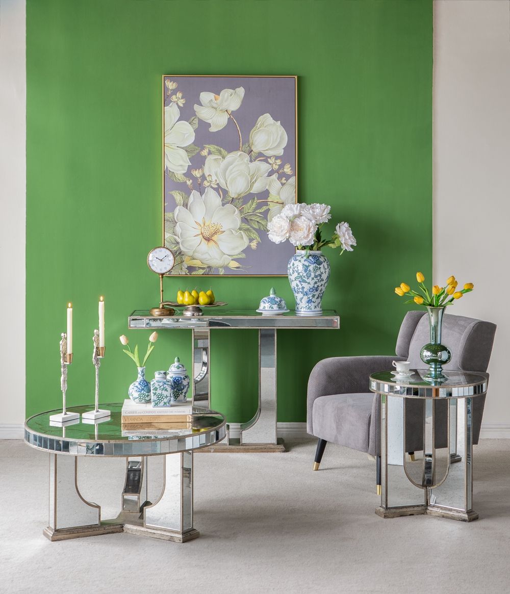 Rectangular Console Table With Elegant Floral Design And Mirrored - Silver Multi