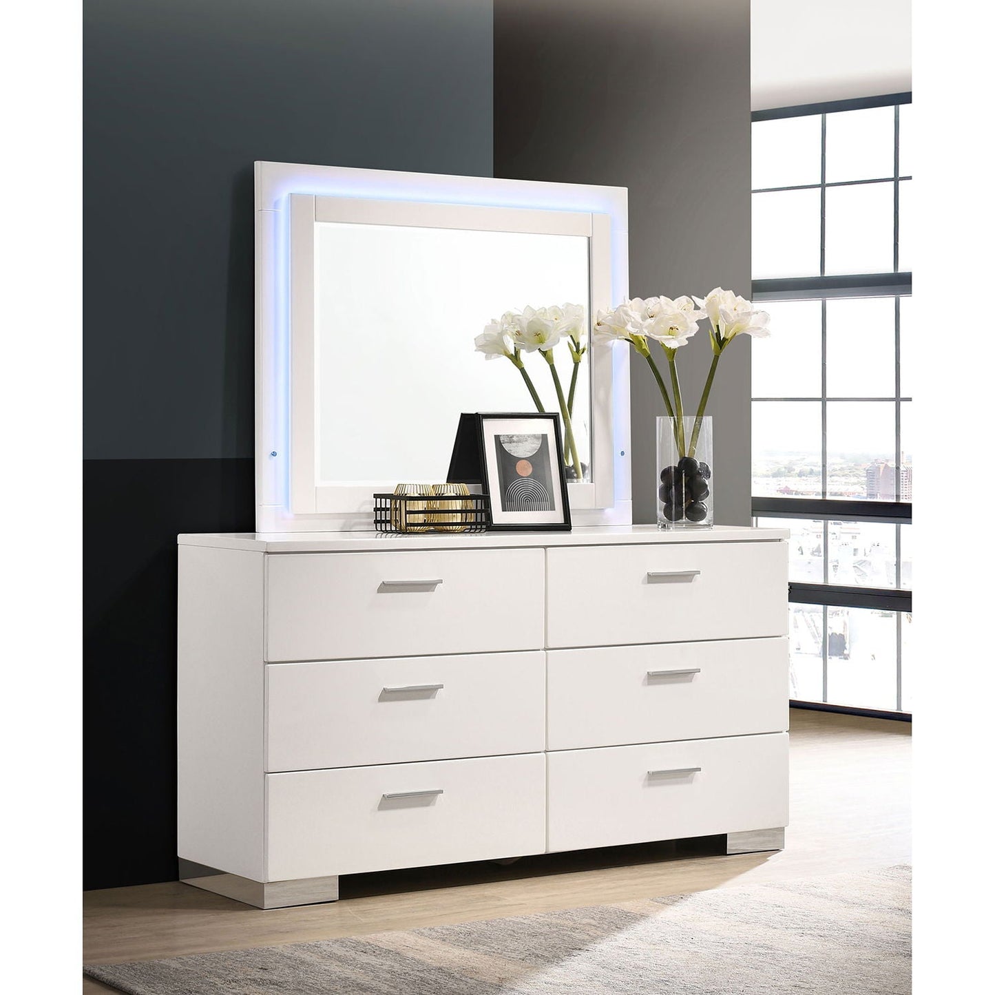 Dulcey - 6 Drawer Dresser With LED Mirror - Gloss White