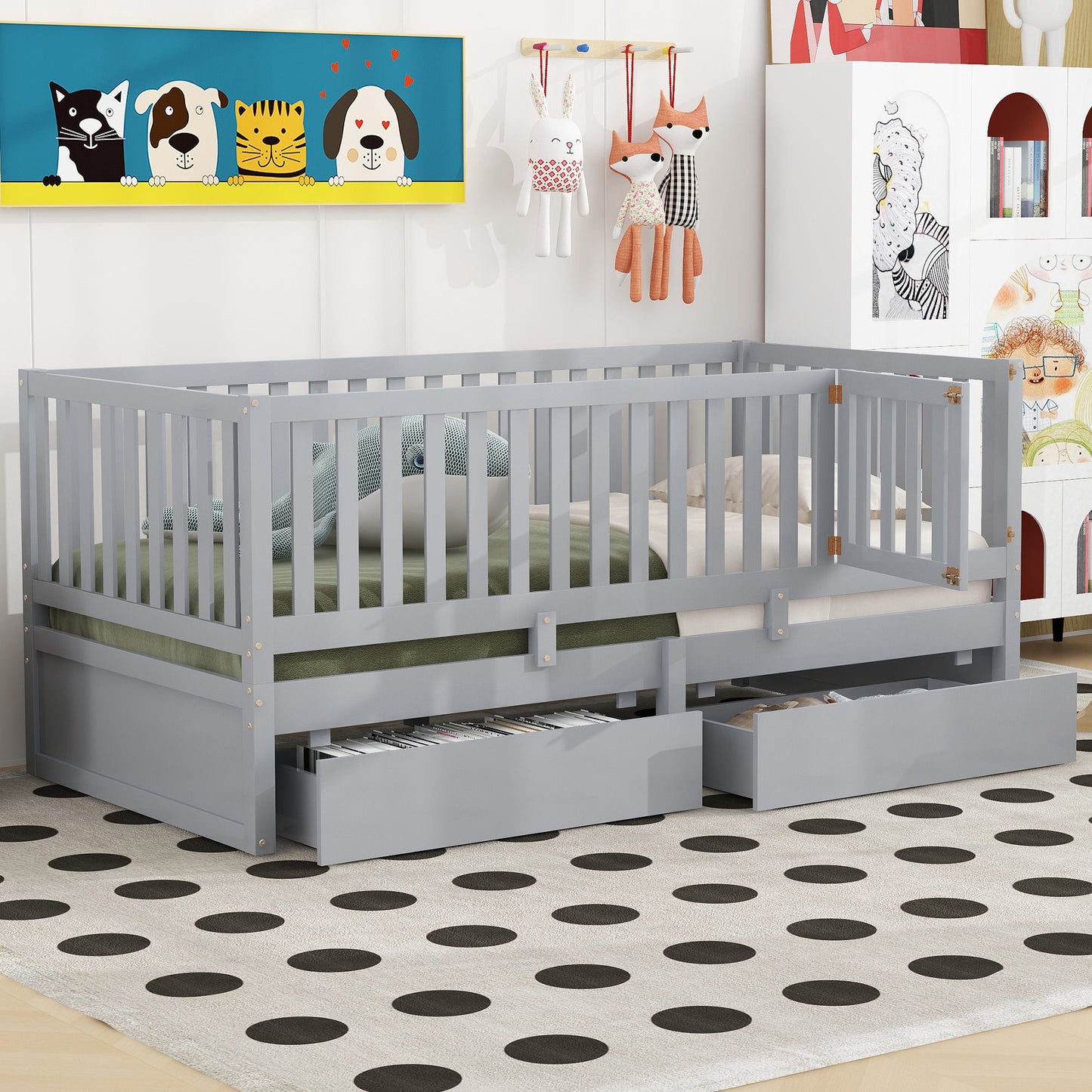 Daybed With Fence Guardrails And 2 Drawers, Split Into Independent Floor Bed & Daybed