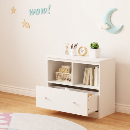 Toy Storage Organizer With Large Drawer And Low Bookshelf For Nursery & Playroom - White