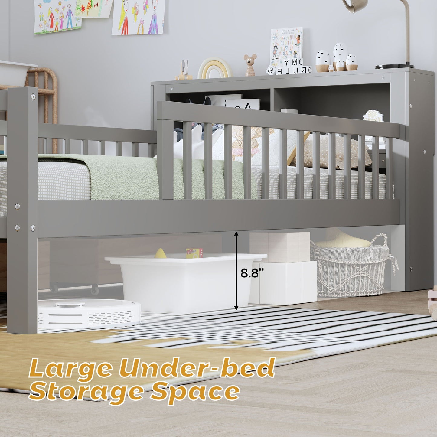 Bed With Headboard Storage Rack, 2 Under Bed Drawers, 3 Side Guardrails For Safety