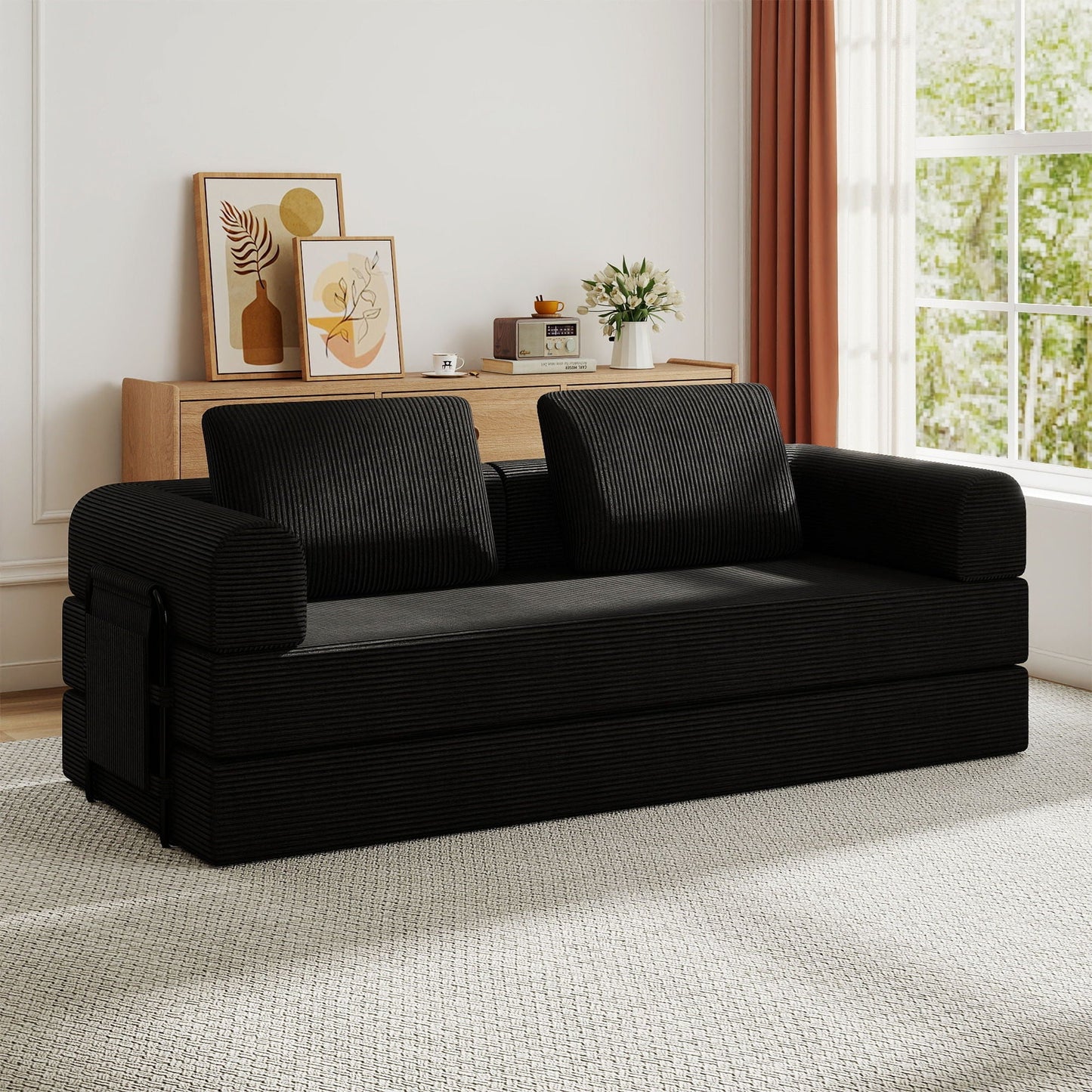 Convertible Sleeper Sofa Bed With Cylindrical Pillow