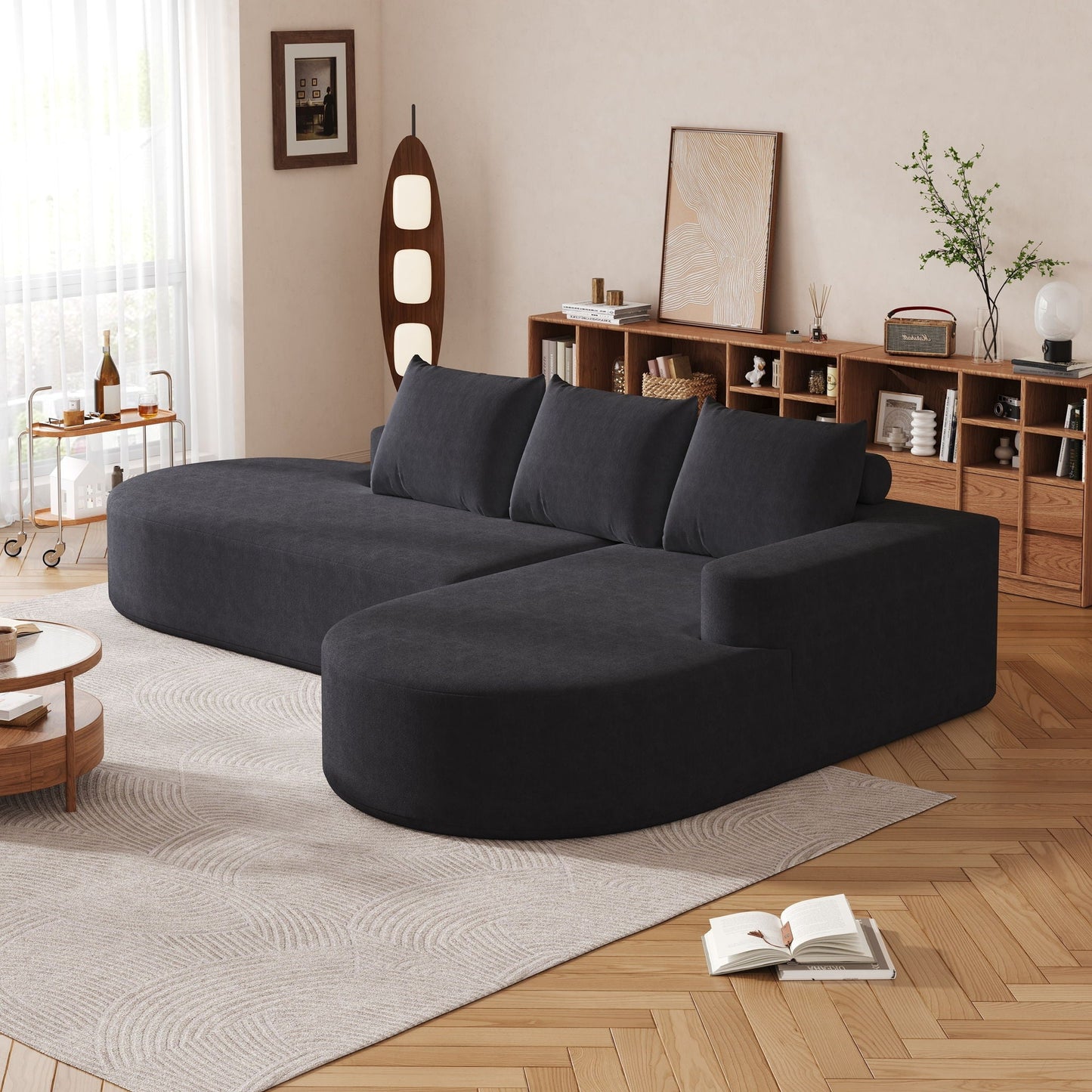 Modern Curved Sofa, L-Shaped Modular Sectional Set With 3 Pillows