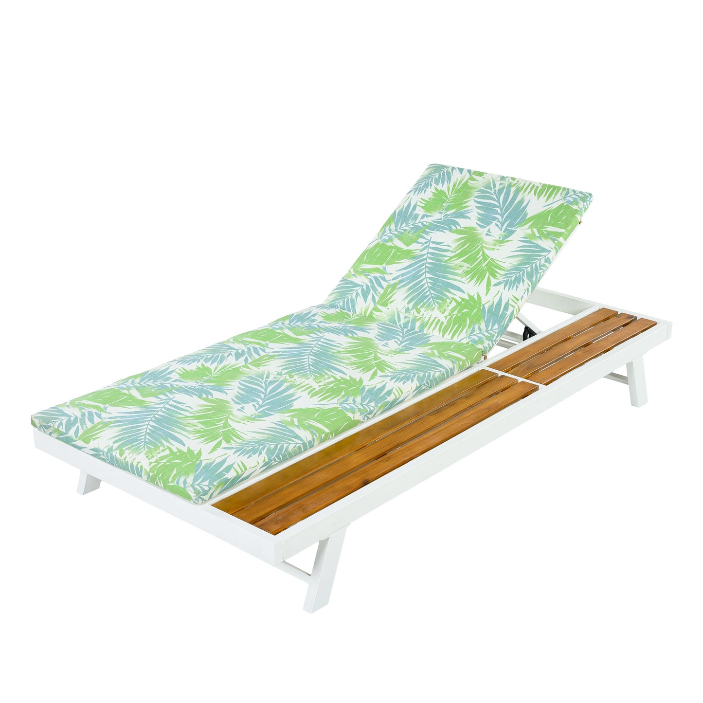 White Iron and Teak Finish Outdoor Chaise Lounge Set