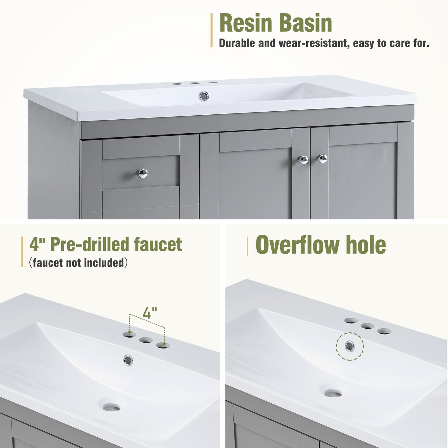 36 Inch Shaker Style Free-Standing Bathroom Vanity Cabinet with Sink