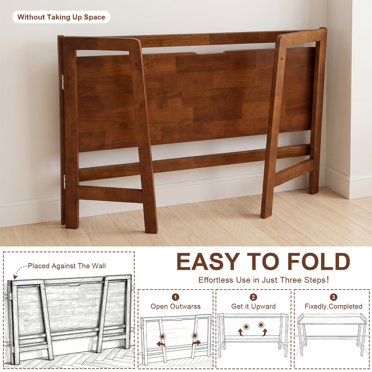 Solid Wood Folding Desk, 49" Mid Century Modern Computer Desk