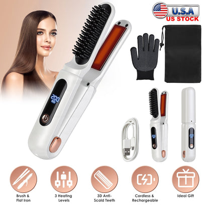 Cordless Hair Straightener Brush 2-in-1 Ceramic Flat Iron