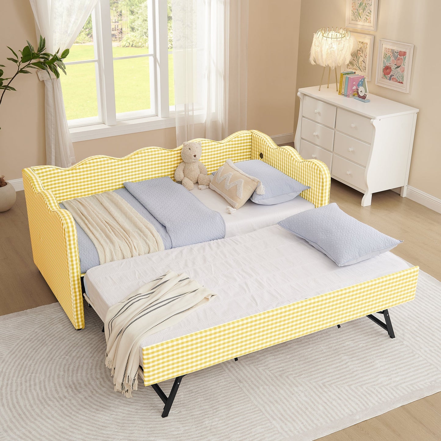Cozy Gingham Daybed with Trundle Twin Size Sofa Bed