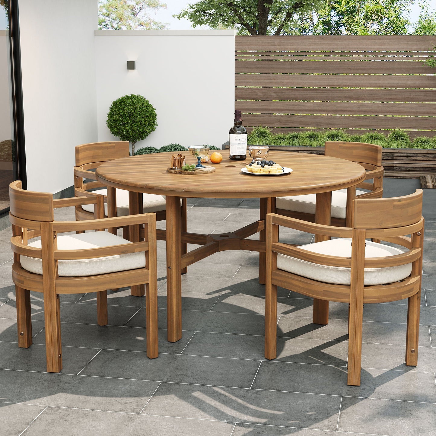 5 Piece Round Patio Table & Cushioned Armrest Chairs, Outdoor Dining Set With Umbrella Hole