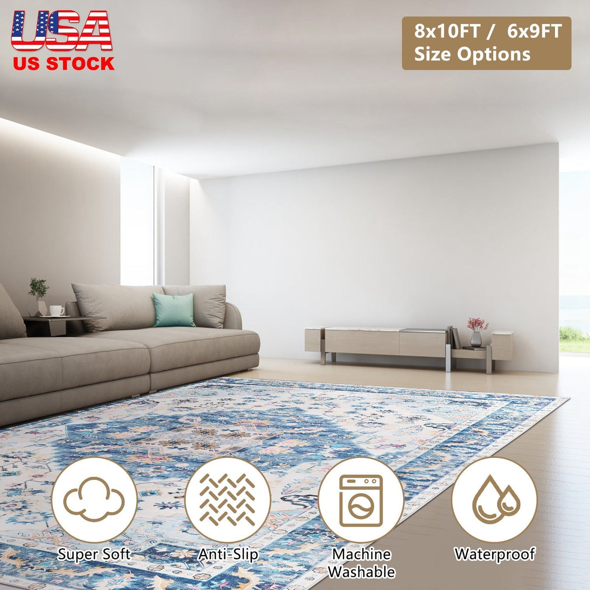 8x10FT VintageÊArea Rug Modern Non Slip Carpet Boho Low Pile Soft Rug Waterproof Machine Washable Rug for Living Room BedroomÊKitchen Dining Room Unde