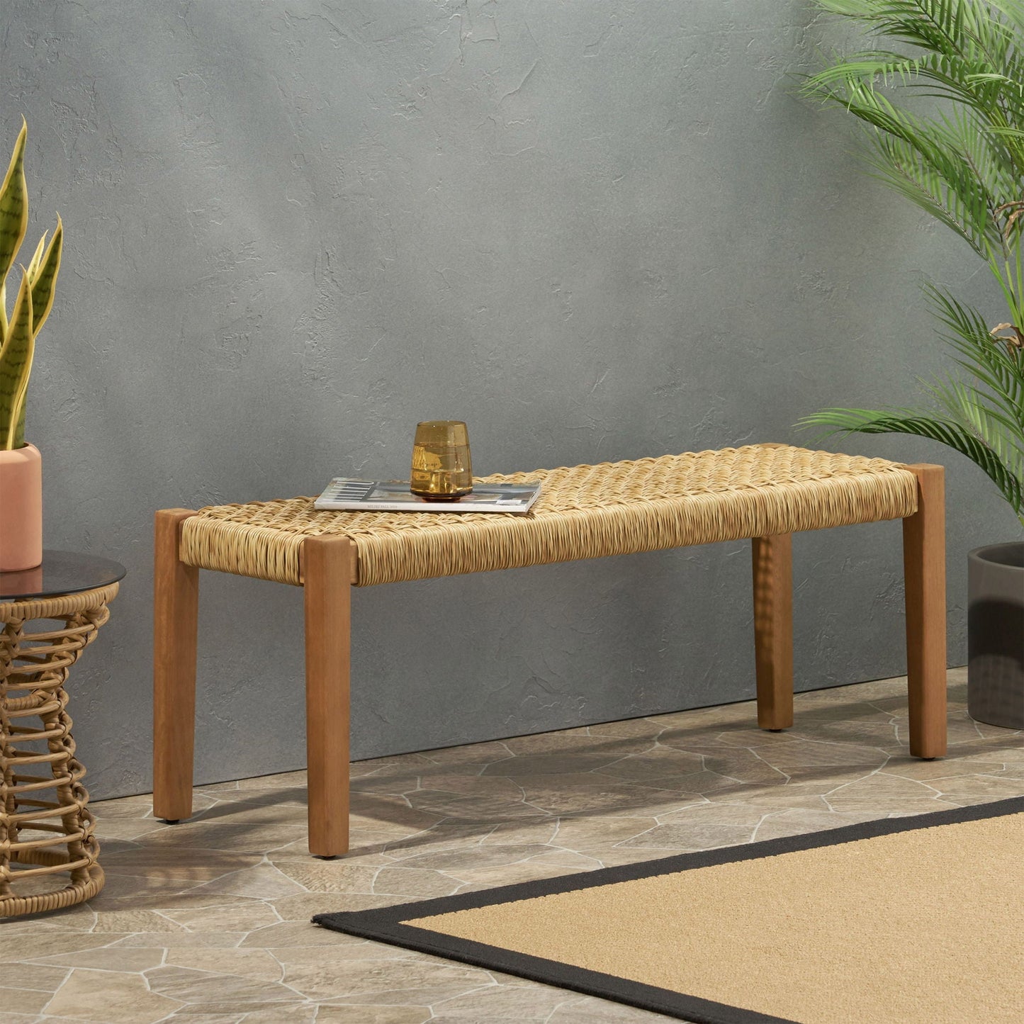 Angie Bench Outdoor Seating Acacia Wood Faux Rattan - Teak