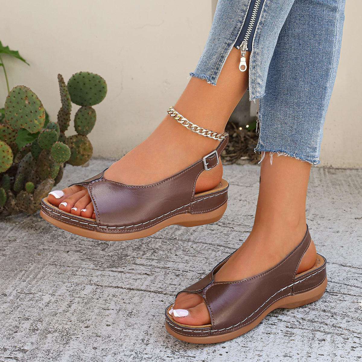 Hollowed-out Wedge Sandals With Velcro Straps And A Thick Sole In Roman Style