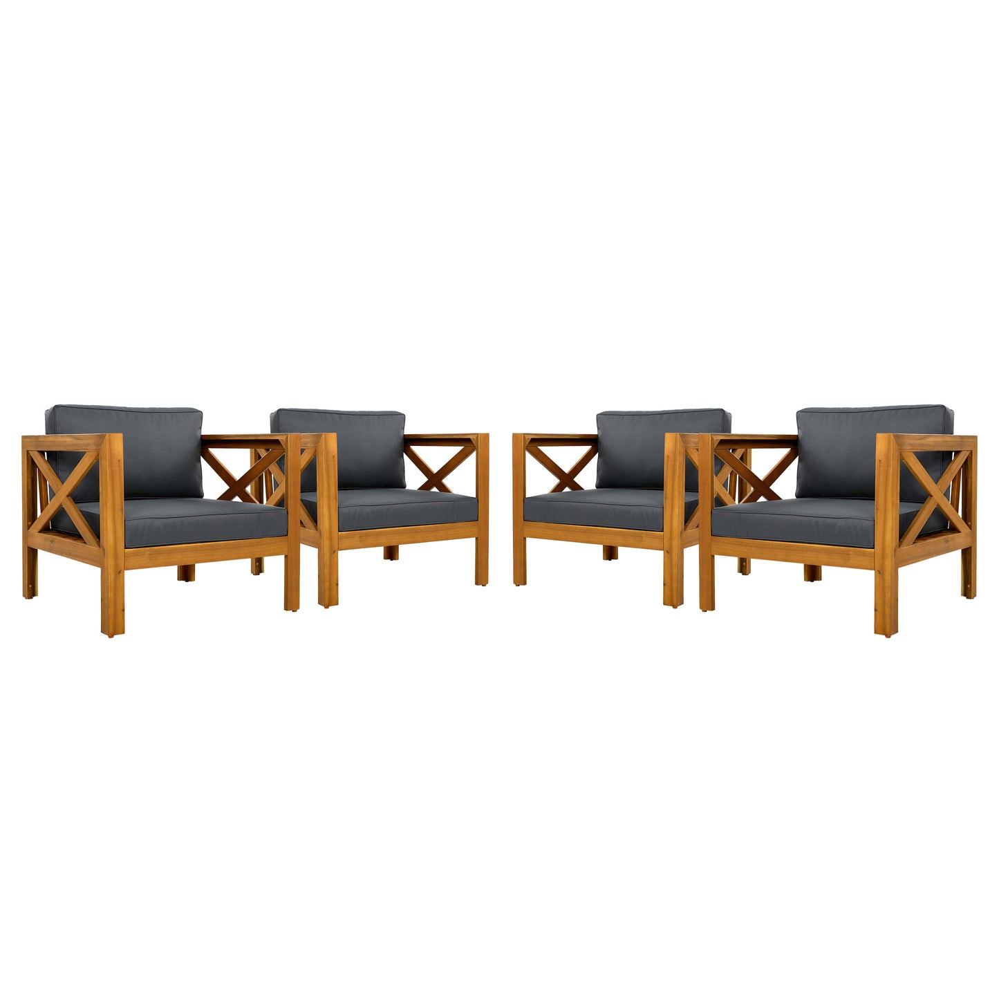 Outdoor Acacia Wood Club Wooden Armchair with Cushions (Set of 4)
