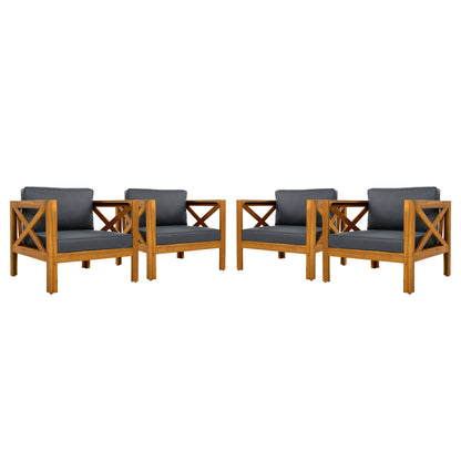 Outdoor Acacia Wood Club Wooden Armchair with Cushions (Set of 4)