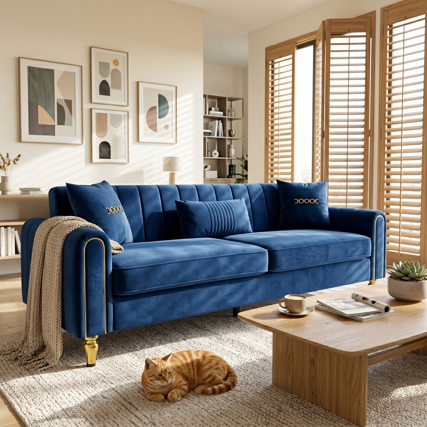 FX-P11-RB 87.4 Inches Upholstered 3-Seater Sofa with Throw Pillows