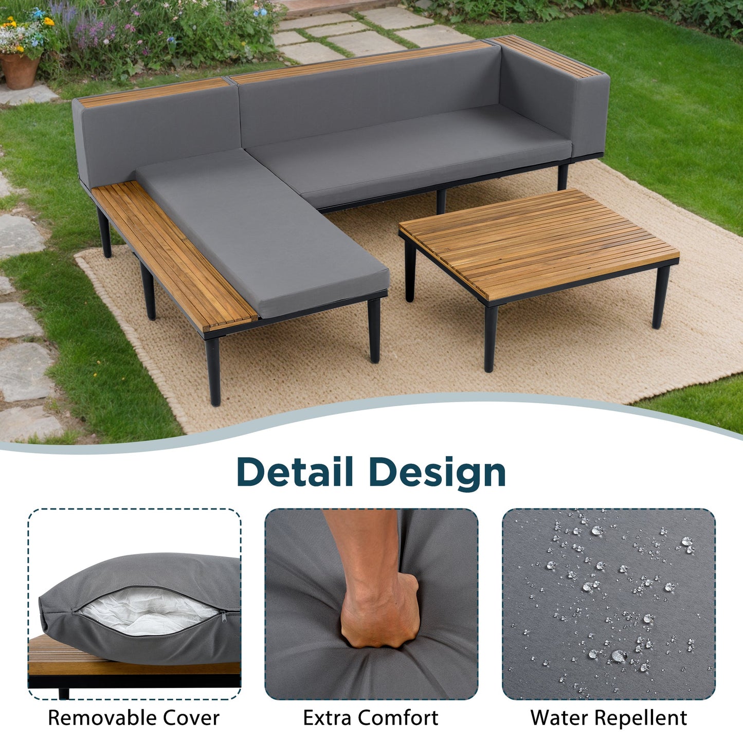 Luxury L-Shaped Acacia Wood Outdoor Sectional Sofa Set