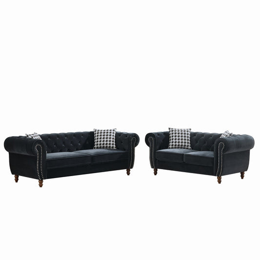 Chesterfield 3 And 2 Seater Upholstery Sofa With Roll Armrest & Nailhead Fabric Couch