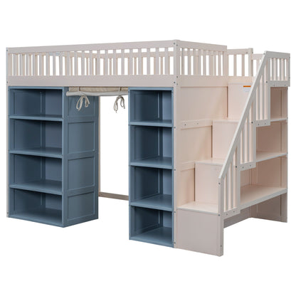Full Size Loft Bed With 2 Four Layer Storage Cabinets And Curtain With Built In Staircase And Privacy Curtain - White