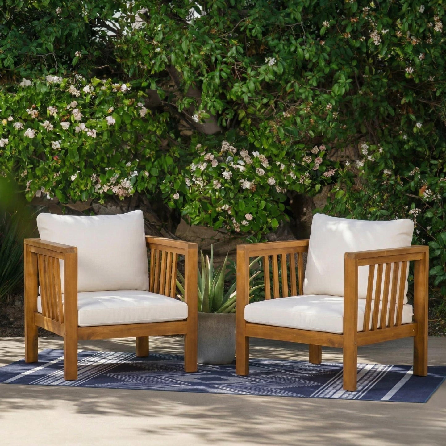 Set of 2 Outdoor Acacia Wood Club Chairs with Modern Square Arms