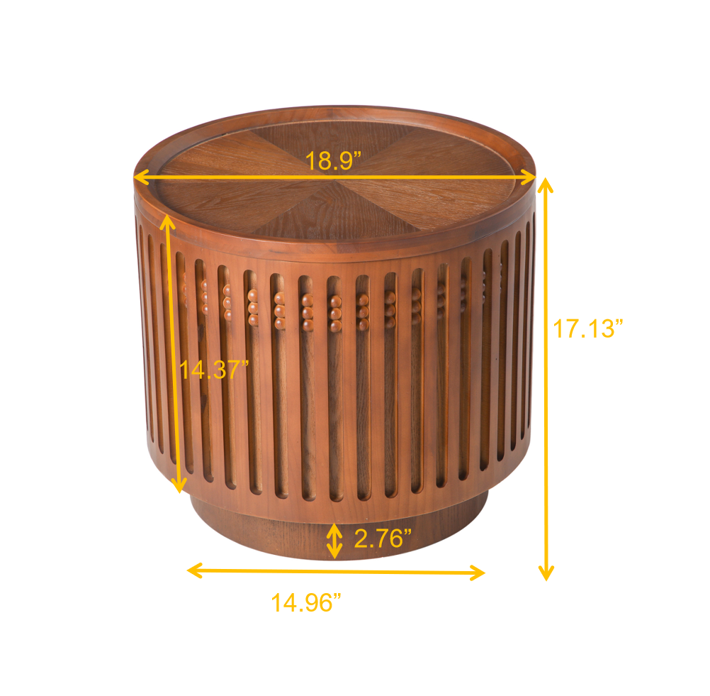 18.9" Round Wooden Side Table with Cylinder Lattice Design