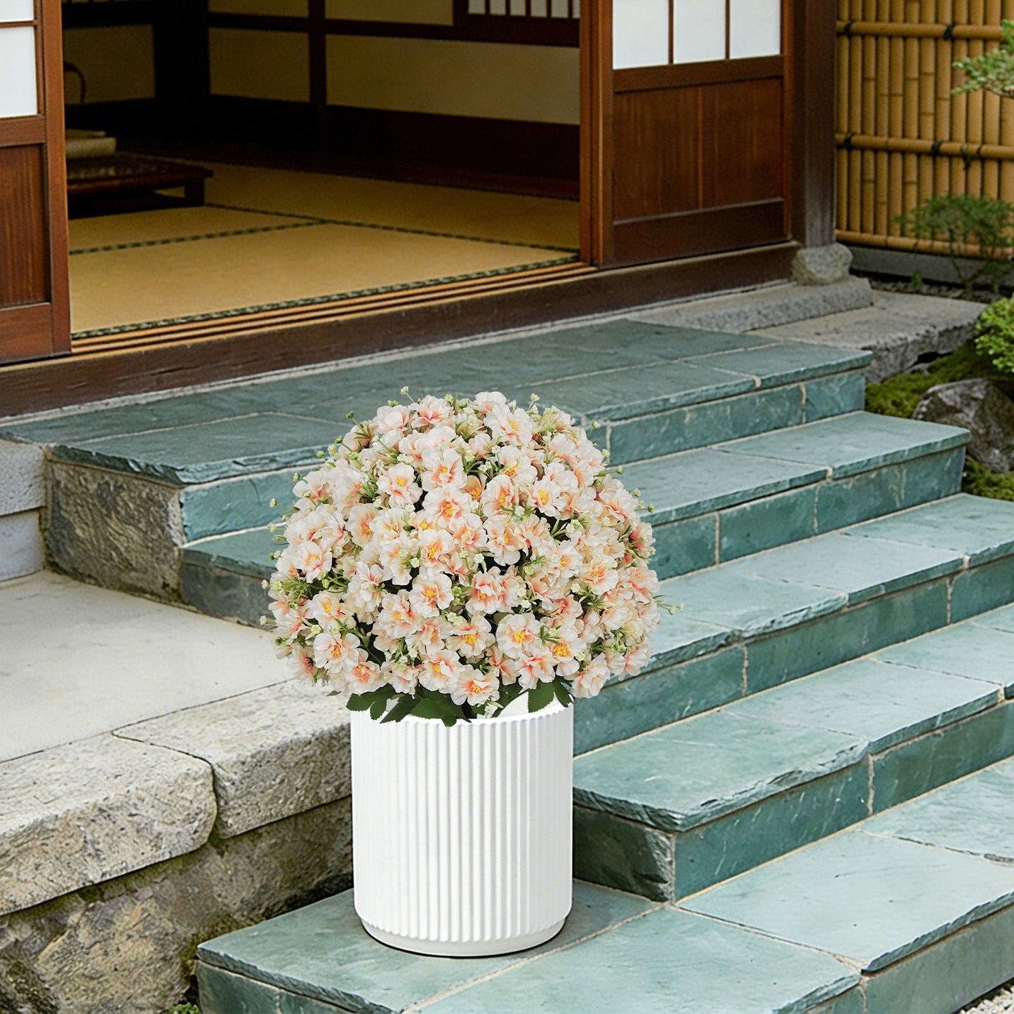 Artificial Snow Lotus Potted Plant, Artificial Floral Decor For Indoor & Outdoor Spaces - White / Pink