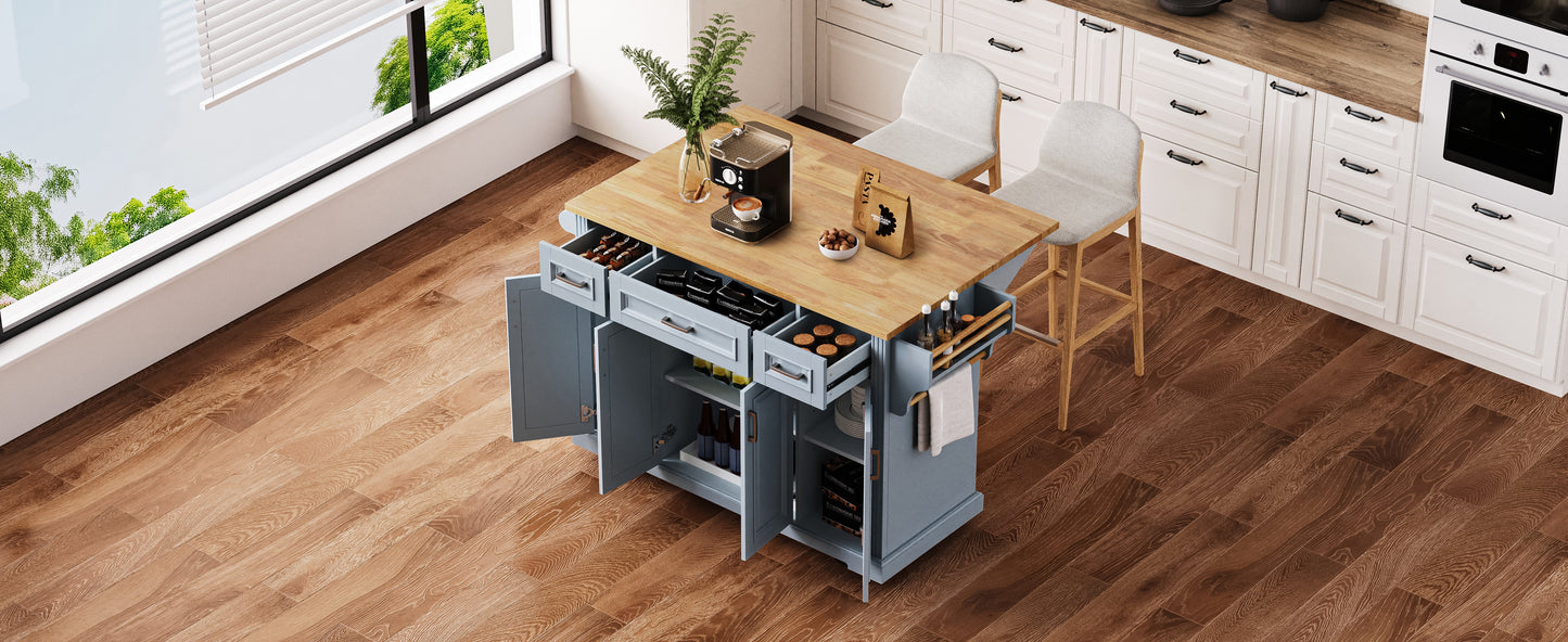K&K 54inch Large Kitchen Island with Rubber Wood Drop Leaf
