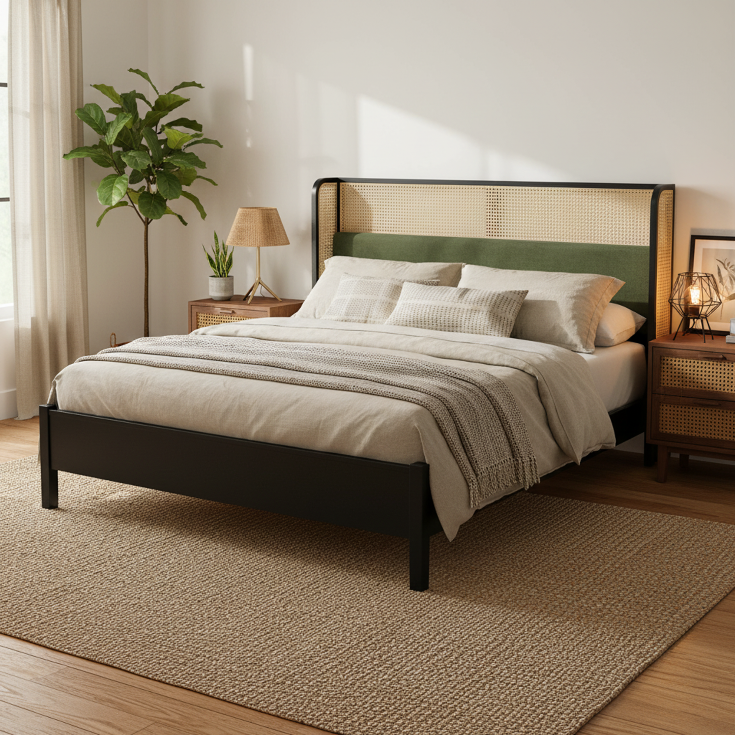 King Size Bed Frame with Black Frame and Green Upholstered Headboard