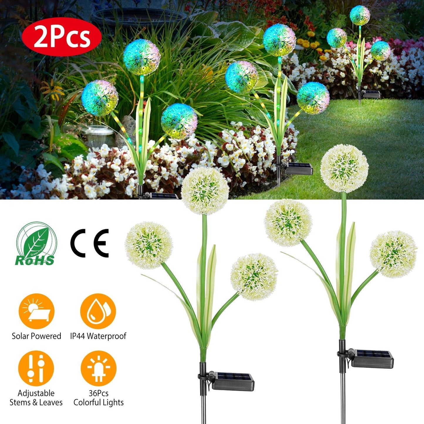 2 Pcs Dandelion Solar Light 36LED Beads Outdoor Garden Lawn Pathway Landscape Stake Lamp Colorful Ornamental Light