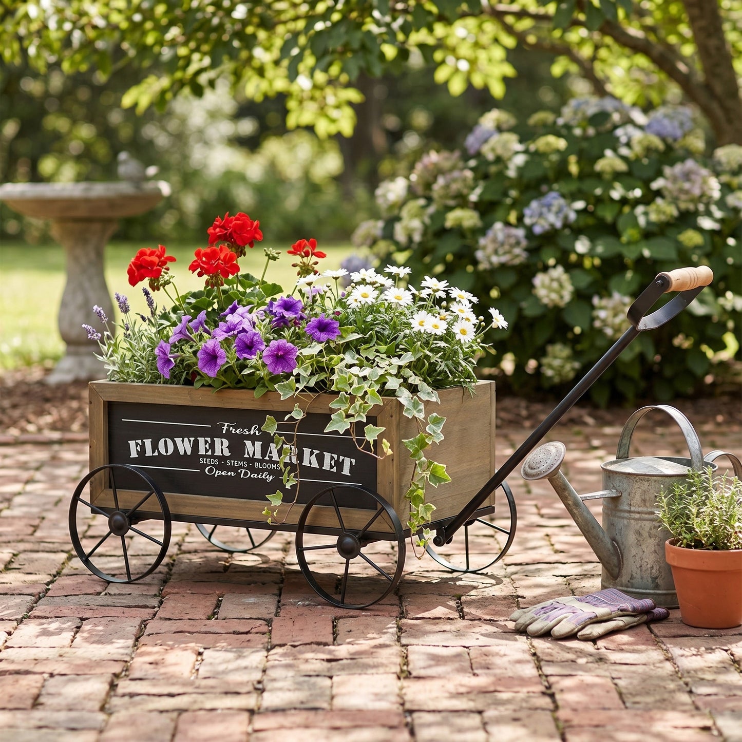 16.5x9.5x8" Rustic Wooden Wagon Planter with Flower Market Sign