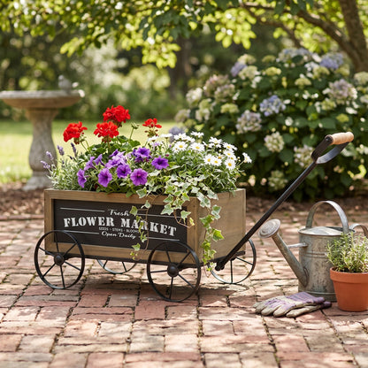 16.5x9.5x8" Rustic Wooden Wagon Planter with Flower Market Sign