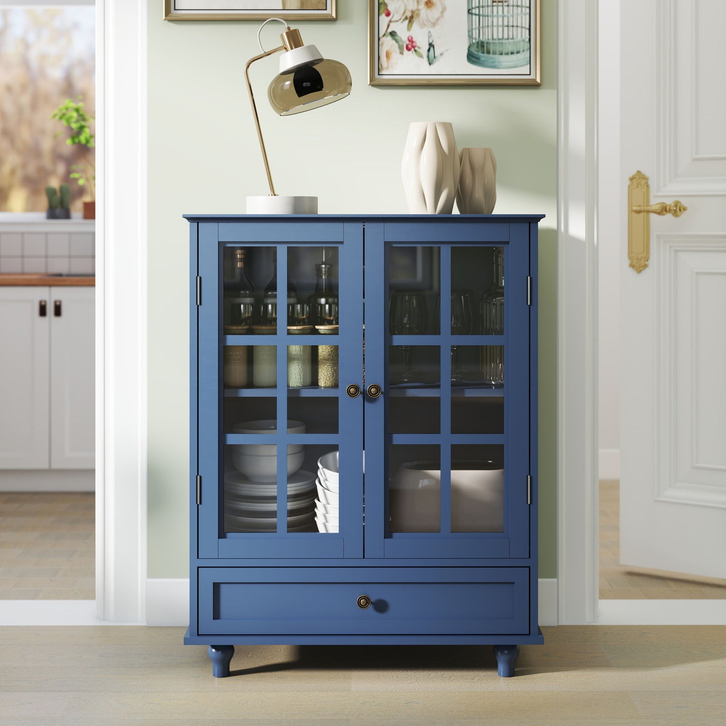 Minimalist Buffet Cabinet With Double Glass Doors And Drawer