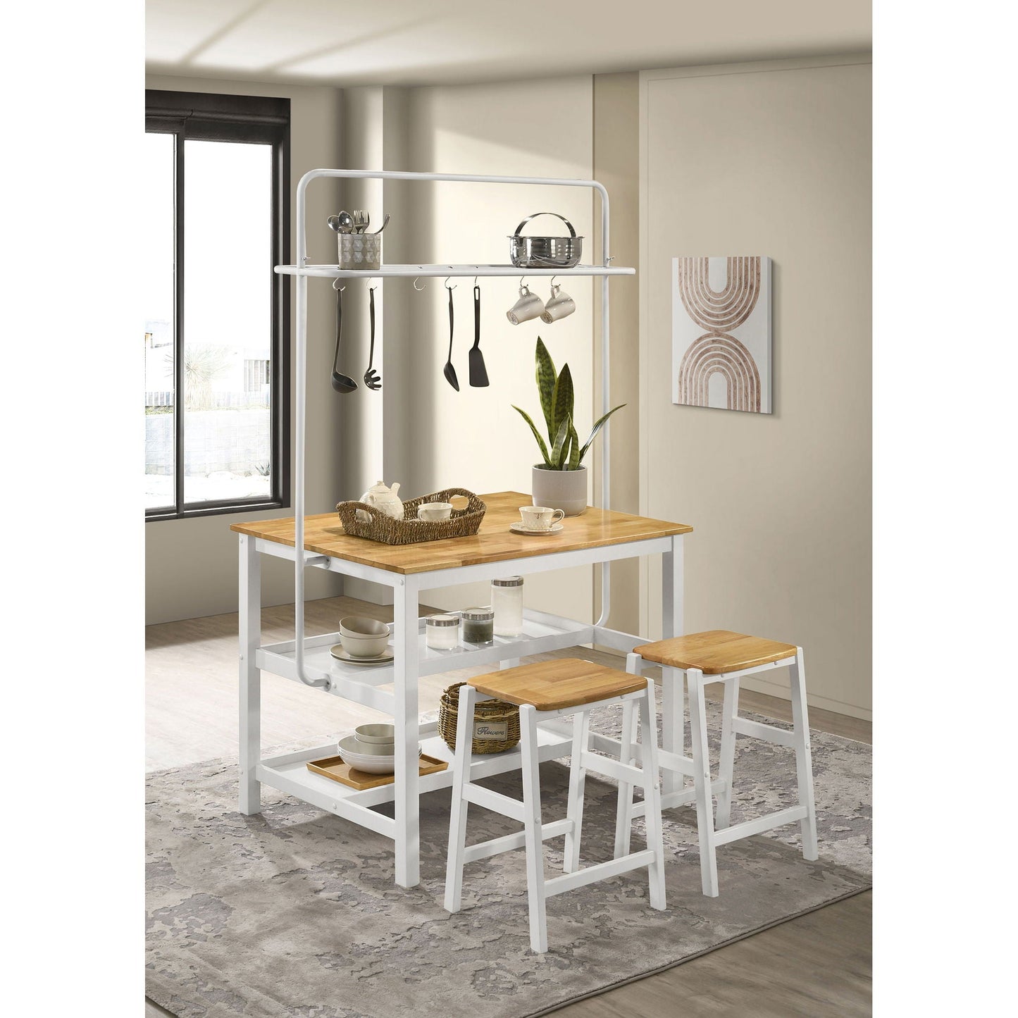 Prager - 3 Piece Kitchen Island Counter Table Set With Overhead Rack And Backless Stools - White