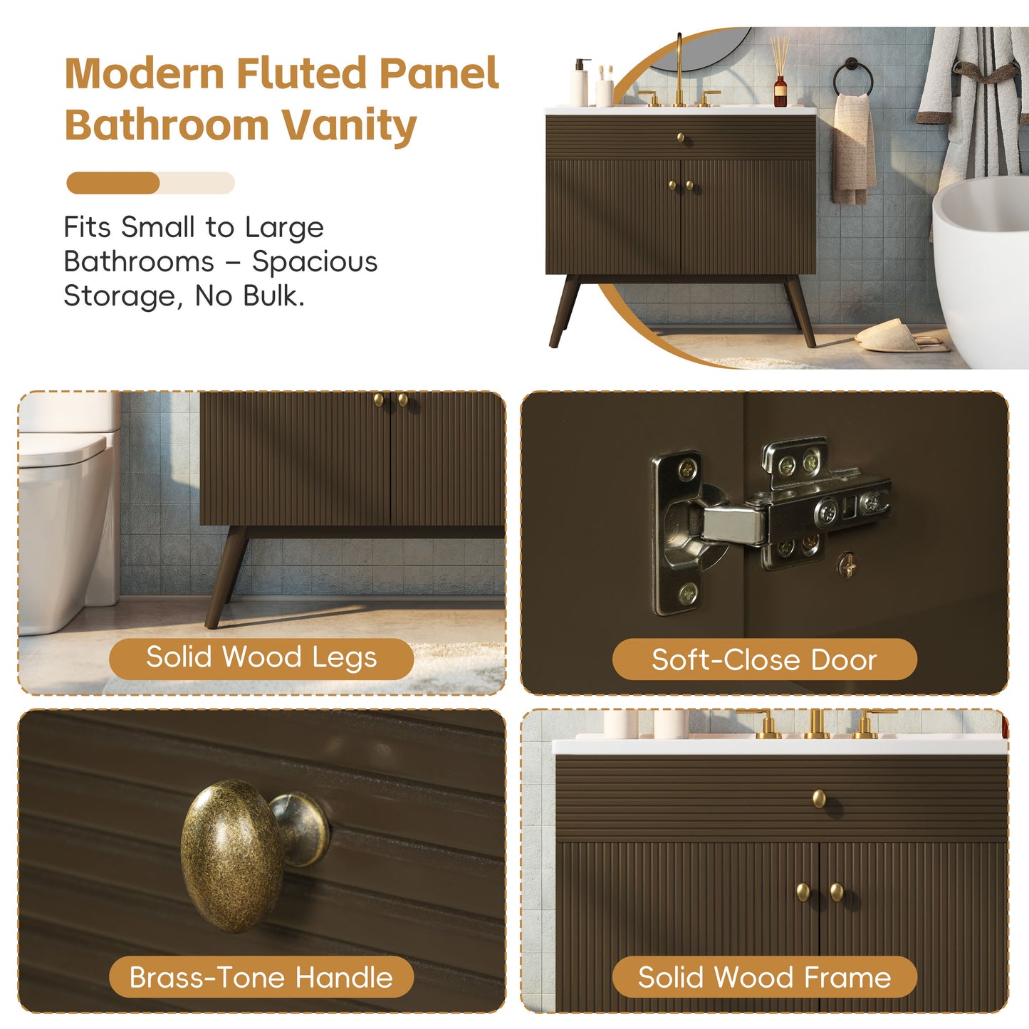 36" Luxury Striped Bathroom Vanity, Soft-Close Dual-Door Storage & Premium Ceramic Sink