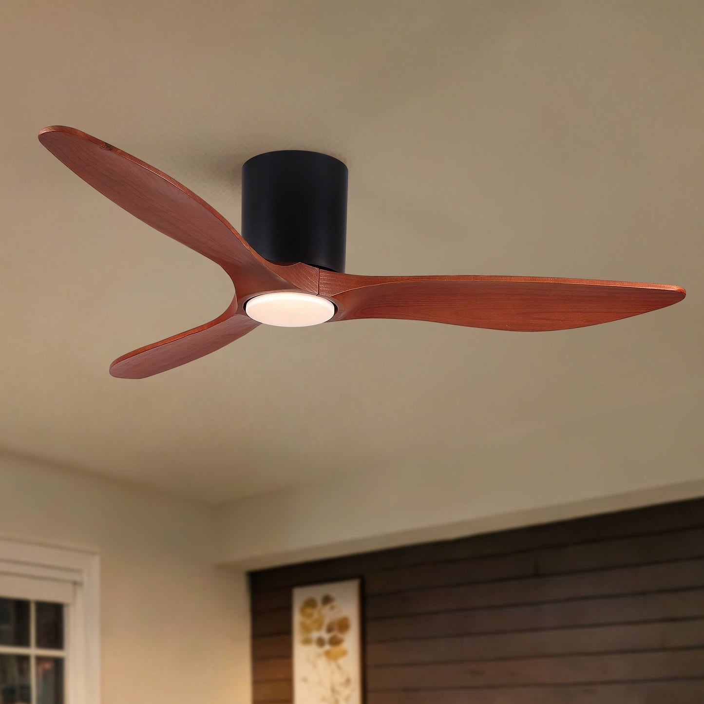 Low Profile Flush Mount Ceiling Fan With Light And Reversible Quiet Motor - Matte Black