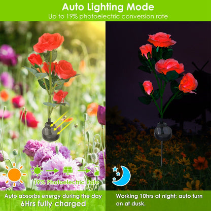 2Pcs Solar Powered Lights Outdoor Rose Flower LED Decorative Lamp Water Resistant Pathway Stake Lights For Garden Patio Yard Walkway