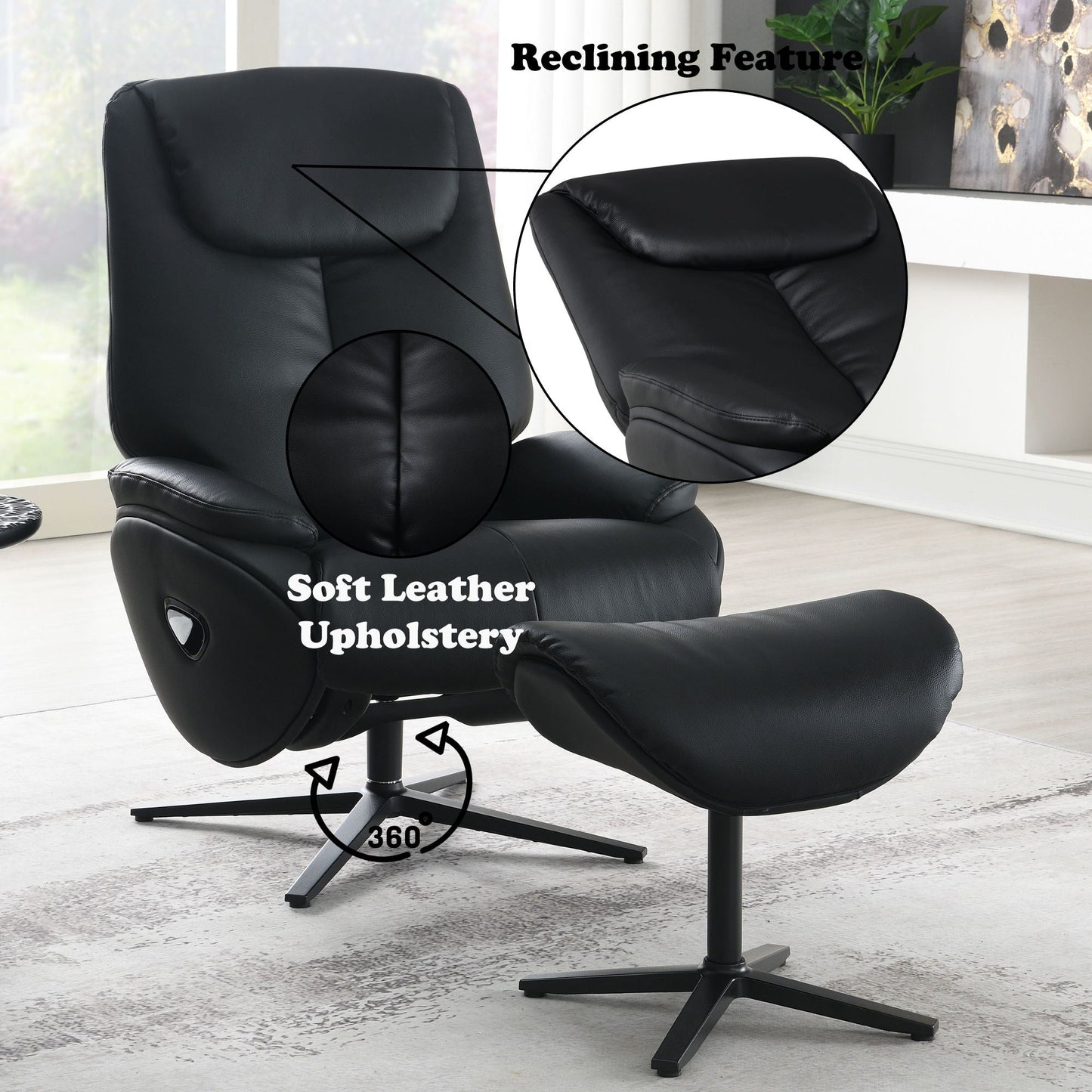 Labotina Top Grain Leather Accent Chair With Swivel & Ottoman - Black