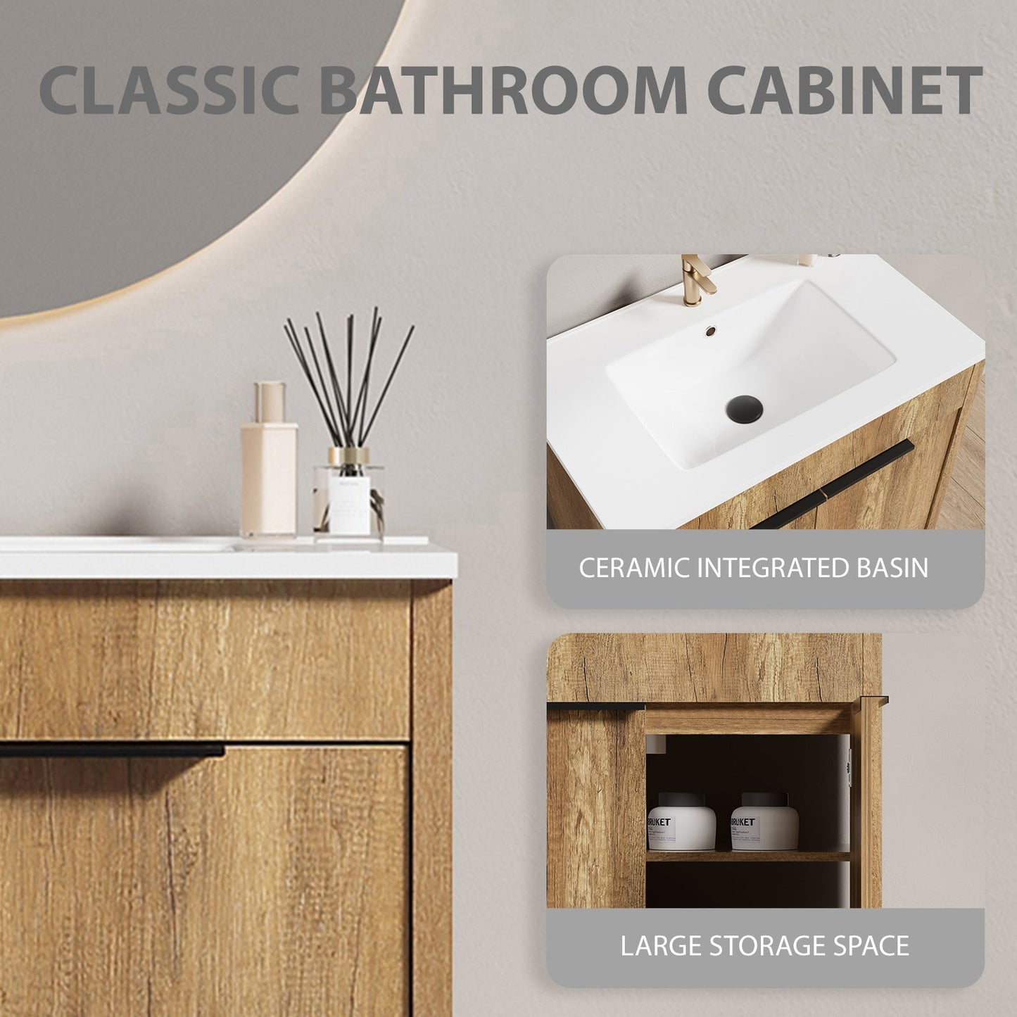 30inch Floor-Standing Bathroom Vanity with 3D Grooved Panel and Integrated Ceramic Sink