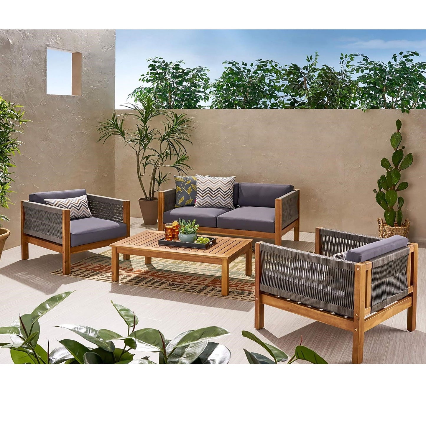 Charlotte Outdoor And Rope 4 Seater Chat Set With Cushions - Teak