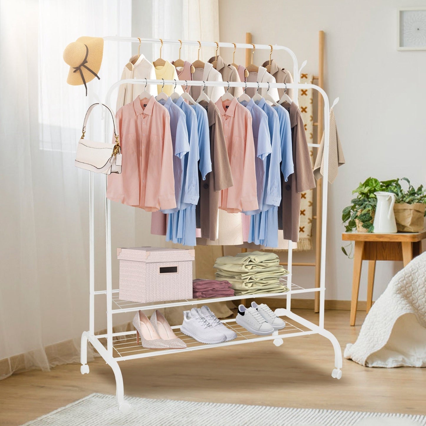 Garment Hanging Rack Clothing Hanging Rail Pillow Shoe Display Organizer Clothes Organizer Stand with 2 Rails 2 Shelves 4 Rolling Wheels 4 Hooks