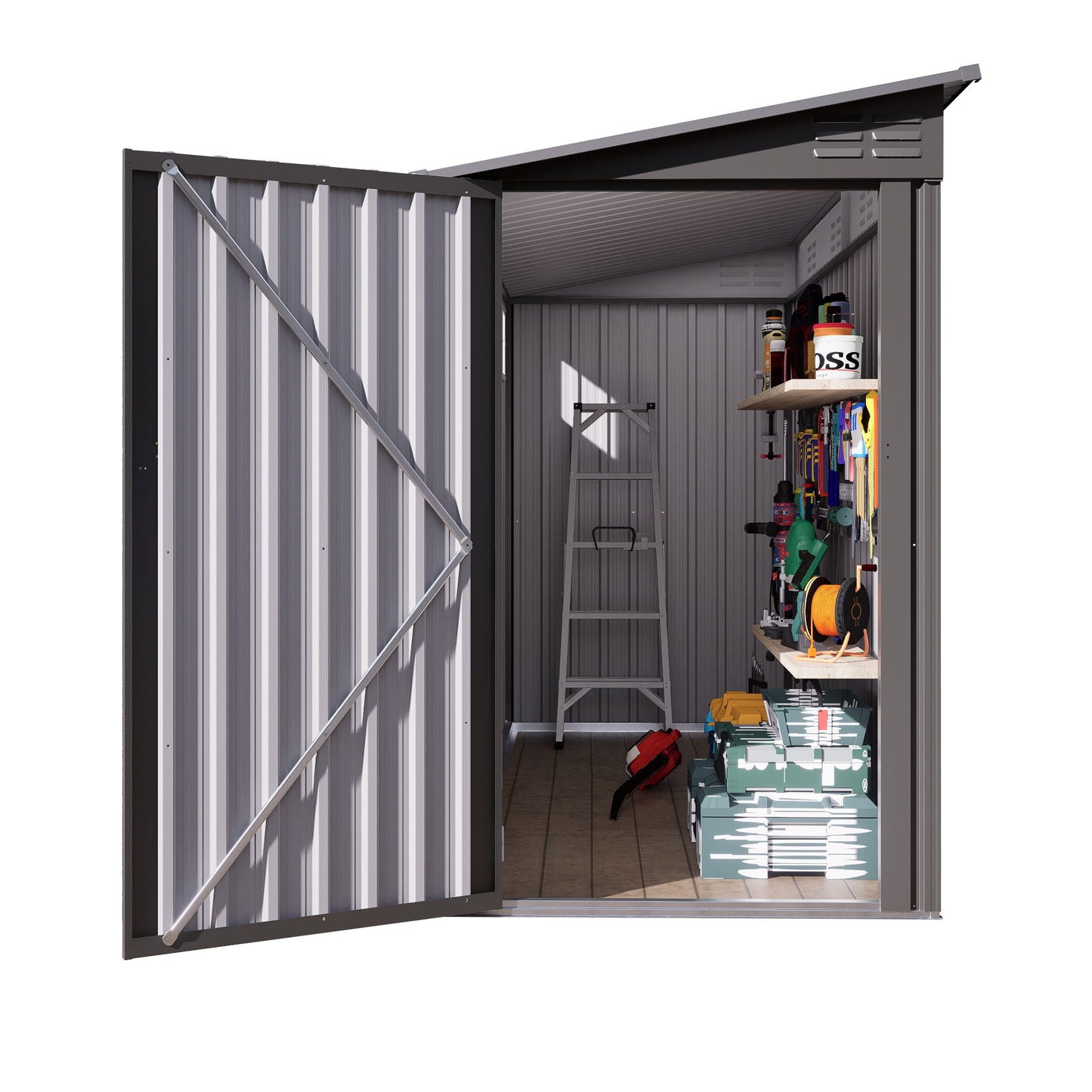 Lean To Shed With Windows, Tool House With Sloping Roof With 2 Vents And 1 Side Open Door For Backyard - Gray