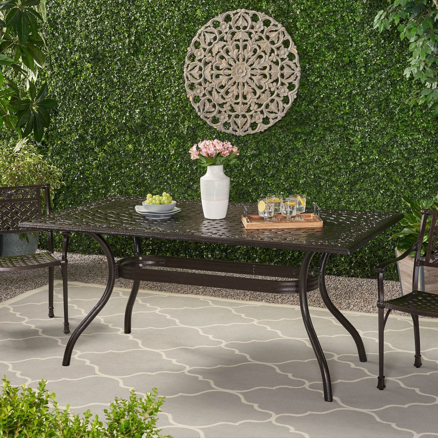 Celestine Outdoor Cast Aluminum Dining Table with Floral Lattice Design and Umbrella Holder