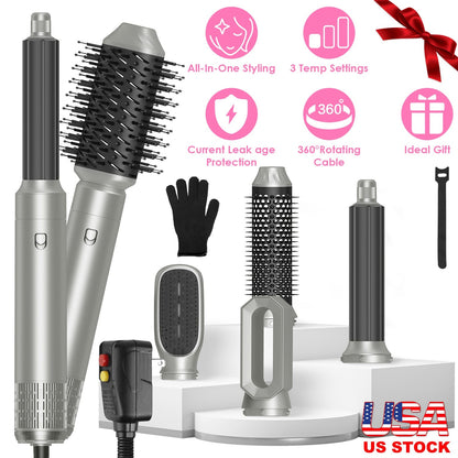6 In 1 Hot Air Styler Volumizer Straightener Curler Dryer Automatic Wrap Styler Hair Dryer Brush Set with 3 Temp Settings ALCI Plug Glove Cable Zip Ti