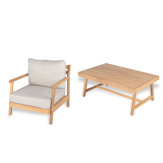 Patio Acacia Wood Chat Set, Club Chair + Coffee Table with Water-resistant Cushion