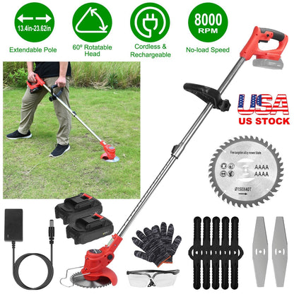 Electric Cordless Grass Trimmer Rechargeable Lawn Mower Weed Cutter with 2 Alloy Saw Blades 2 Alloy Blades 10 Plastic Blades 2 Rechargeable Batteries
