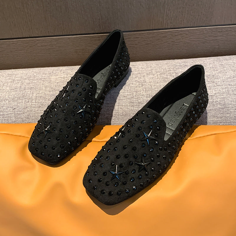 2026 Fall New Square Toe Rhinestone Flat Moccasins, Soft Sole Slip On Loafers For Wide Feet Women