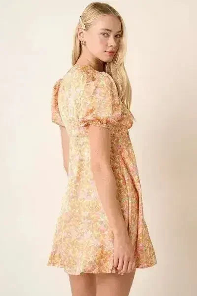 Printed Puff Sleeve Mini Dress - Trendy V-Neck Style | Femstylo